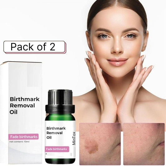 Two 10 ml bottles of 18051 birthmark removal massage oil, clear bottles with dropper caps, designed for skin treatment.
