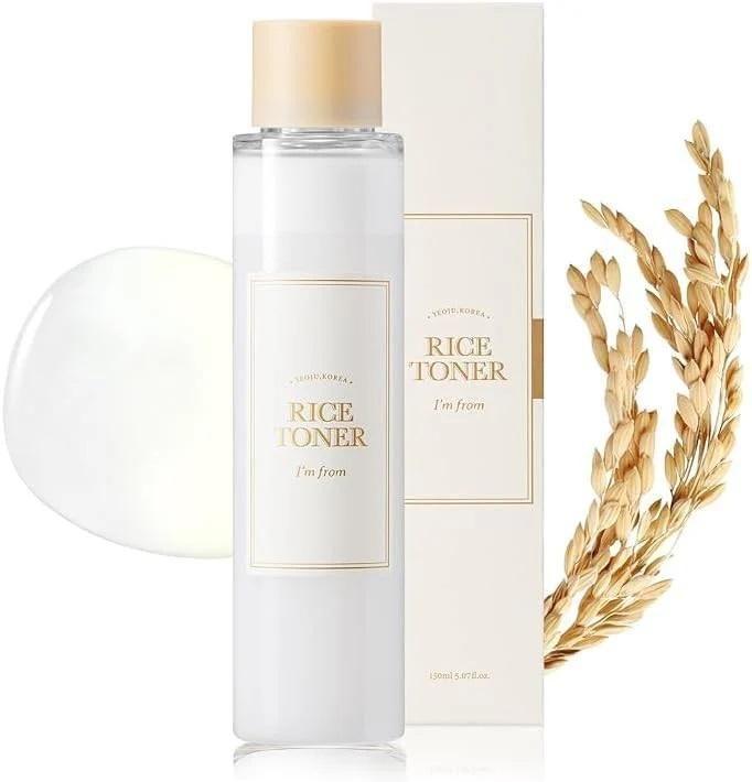 18051 I'm from Rice Toner for glowing skin in a 100ml bottle, featuring a clear liquid and minimalist packaging.