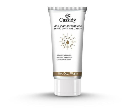 Cream tube labeled Cassidy Anti-Pigment Probiotic SPF for stretch marks, scars, and skin brightening on a white background.