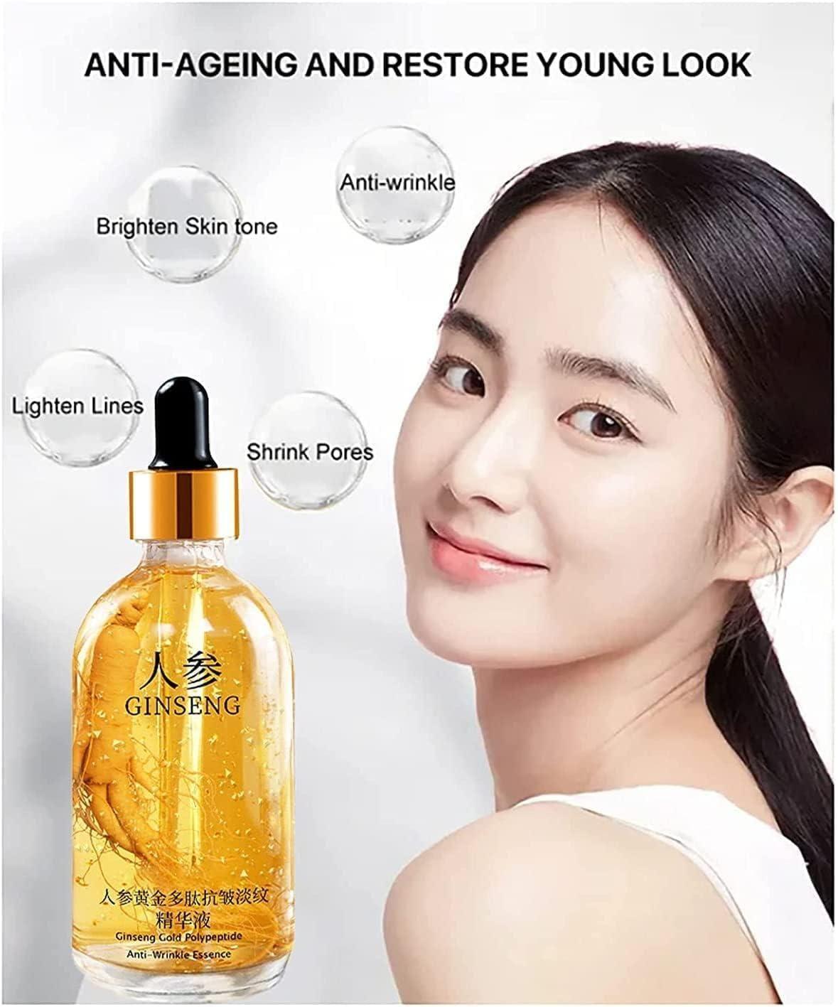 Ginseng Gold Polypeptide Anti-Ageing Serum in 30ml bottle, part of 18074 massage oils collection, featuring a sleek design and golden accents.