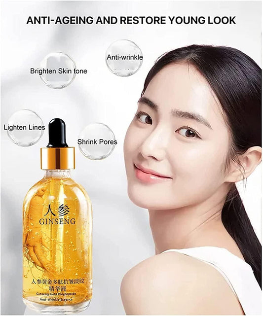 Ginseng Gold Polypeptide Anti-Ageing Serum in 30ml bottle, part of 18074 massage oils collection, featuring a sleek design and golden accents.
