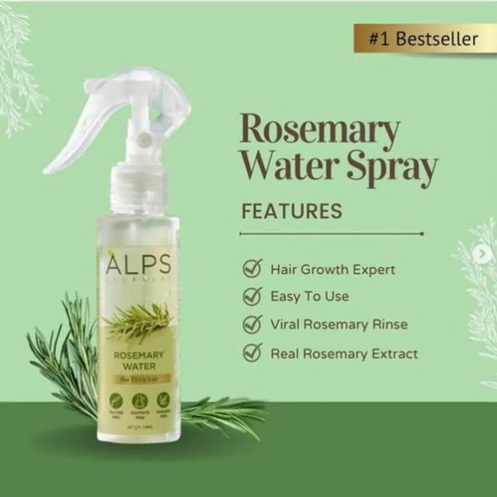 Bottle of 18074 Rosemary Water hair spray for regrowth, displayed with fresh rosemary sprigs. Hair care massage oil product image.