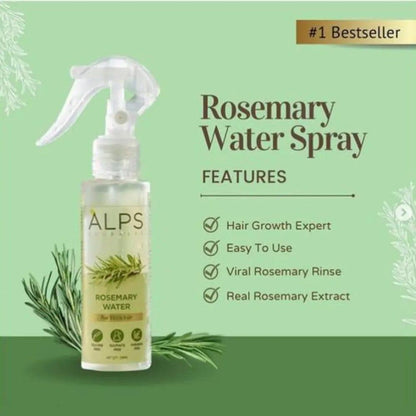Bottle of 18074 Rosemary Water hair spray for regrowth, displayed with fresh rosemary sprigs. Hair care massage oil product image.