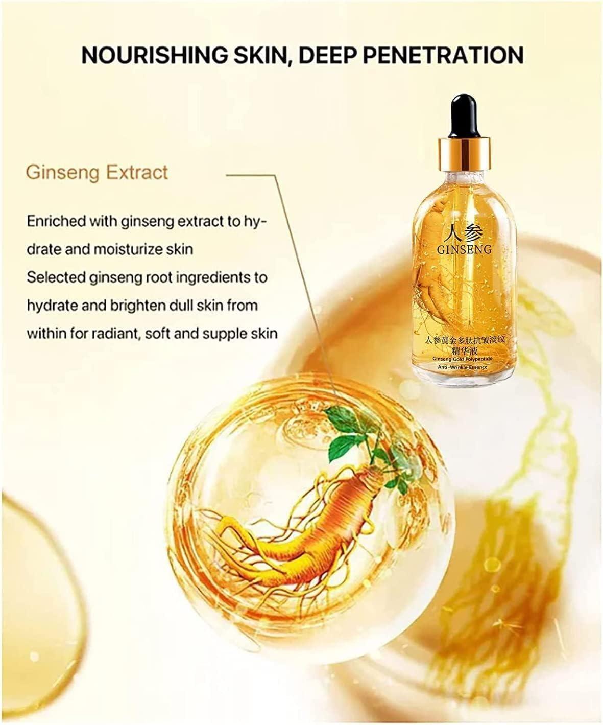 Ginseng Gold Polypeptide Anti-Ageing Serum in a 30ml bottle, showcasing the luxurious packaging and serum texture.