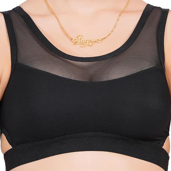 Women's sports bra with push-up back smoothing design, black color, and supportive fit by 9326.
