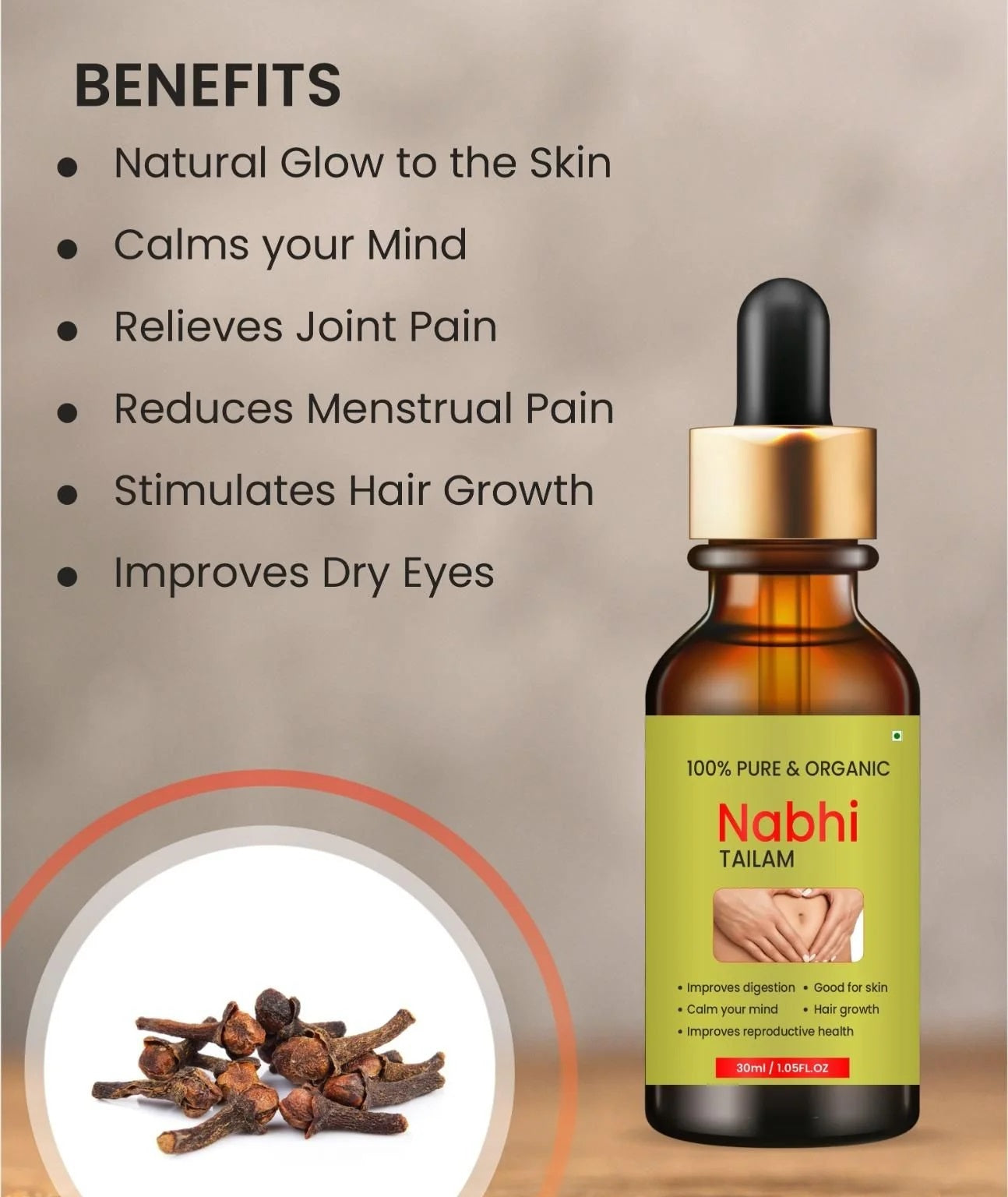 Nabhi Tailam stretch marks and scar cream from 5912, in a bottle with a white label, shown on a plain background.