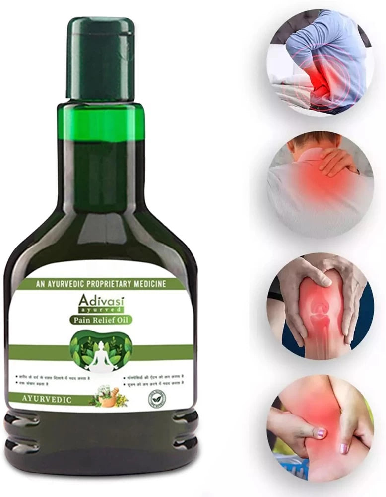 Adivasi Pain Relief Oil by 5912, pack of 2, featuring bottles of natural oil for pain relief, stretch marks, and scars.