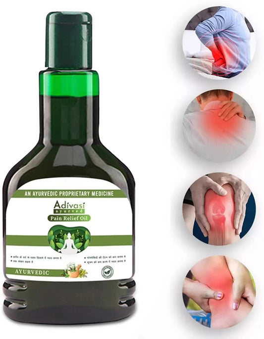 Adivasi Pain Relief Oil by 5912, pack of 2, featuring bottles of natural oil for pain relief, stretch marks, and scars.
