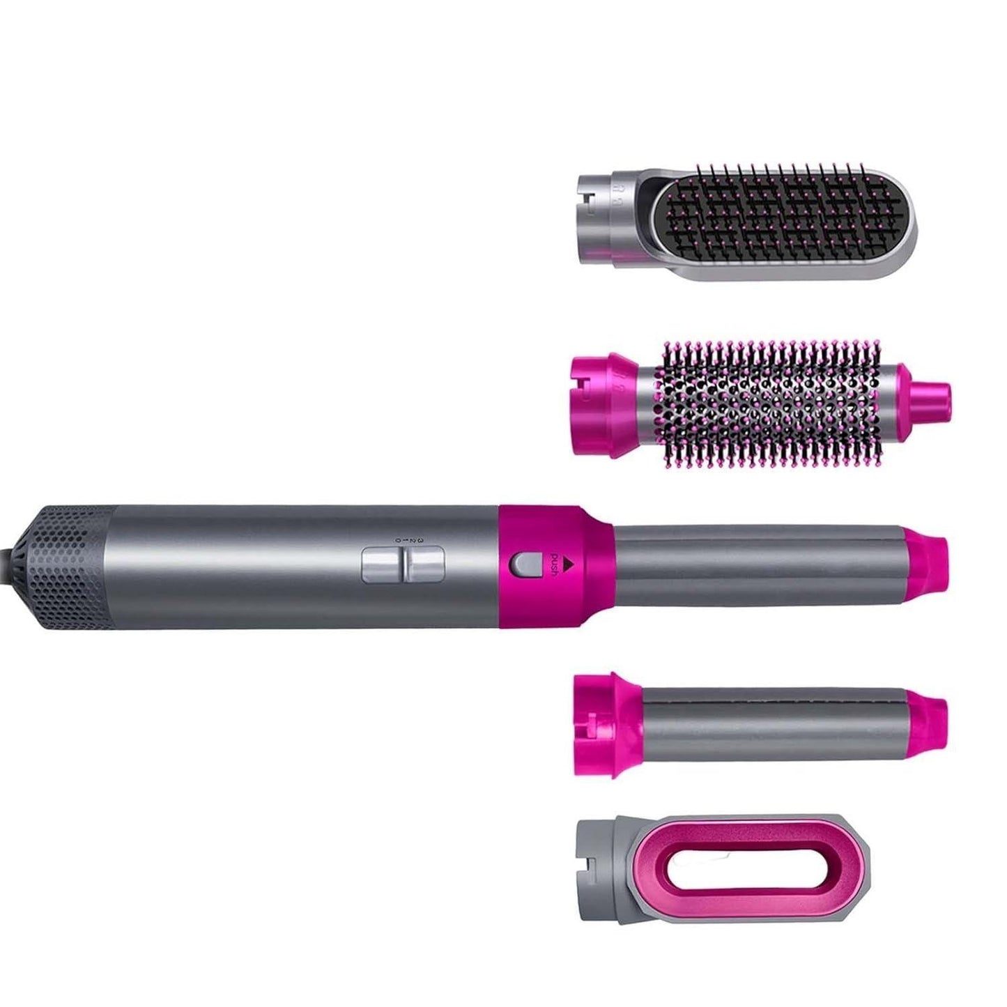 Multi-functional 5-in-1 hair styling tool with detachable hot air brush, hair dryer, and comb for versatile hair styling.