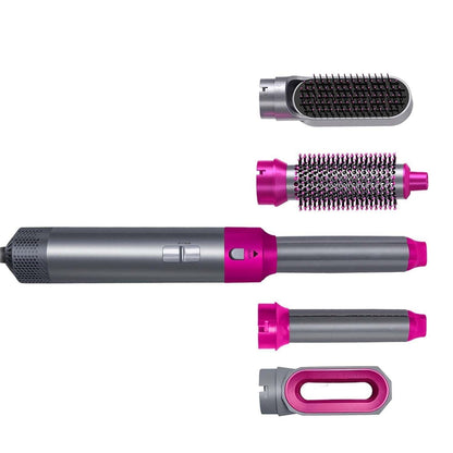 Multi-functional 5-in-1 hair styling tool with detachable hot air brush, hair dryer, and comb for versatile hair styling.