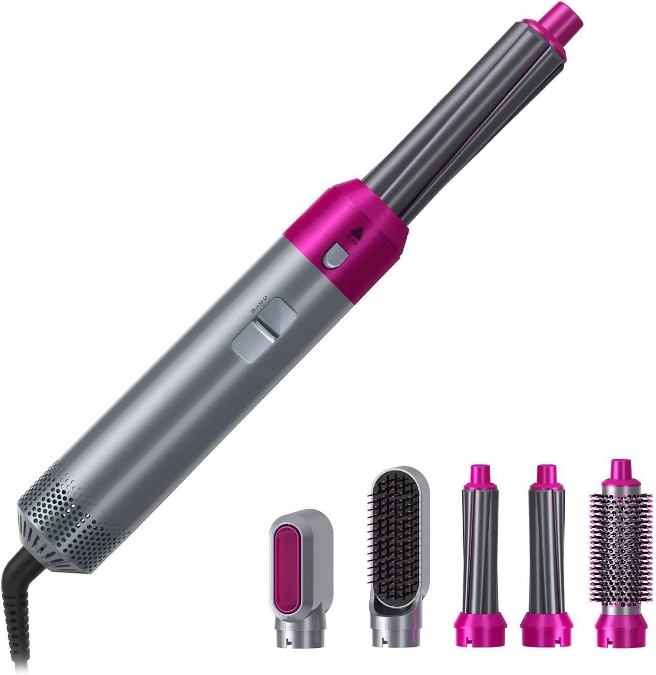 Multi-functional 5-in-1 hair styling tool with hot air brush, hair dryer, and comb, featuring detachable rollers for versatile styling.