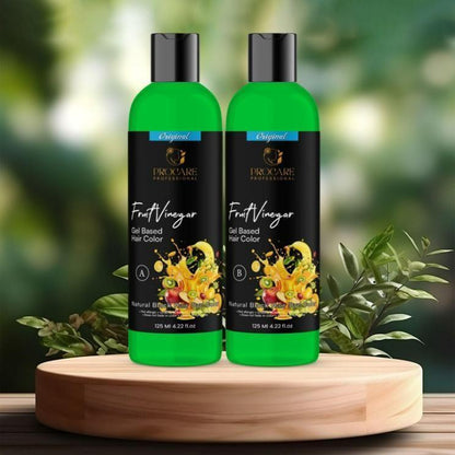 Two bottles of 18277 Fruit Vinegar Gel-Based Hair Color, 125 ml each, shown with vibrant packaging and applicator tips.