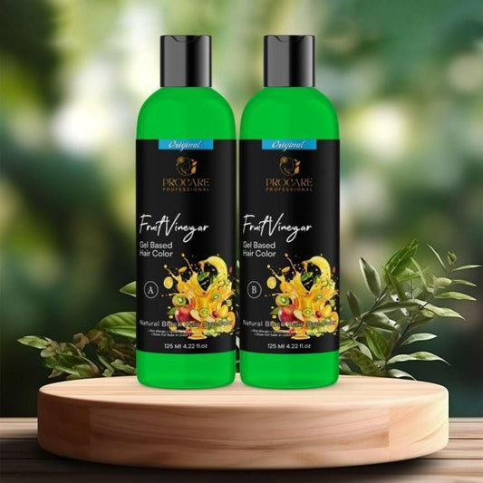 Two bottles of 18277 Fruit Vinegar Gel-Based Hair Color, 125 ml each, shown with vibrant packaging and applicator tips.