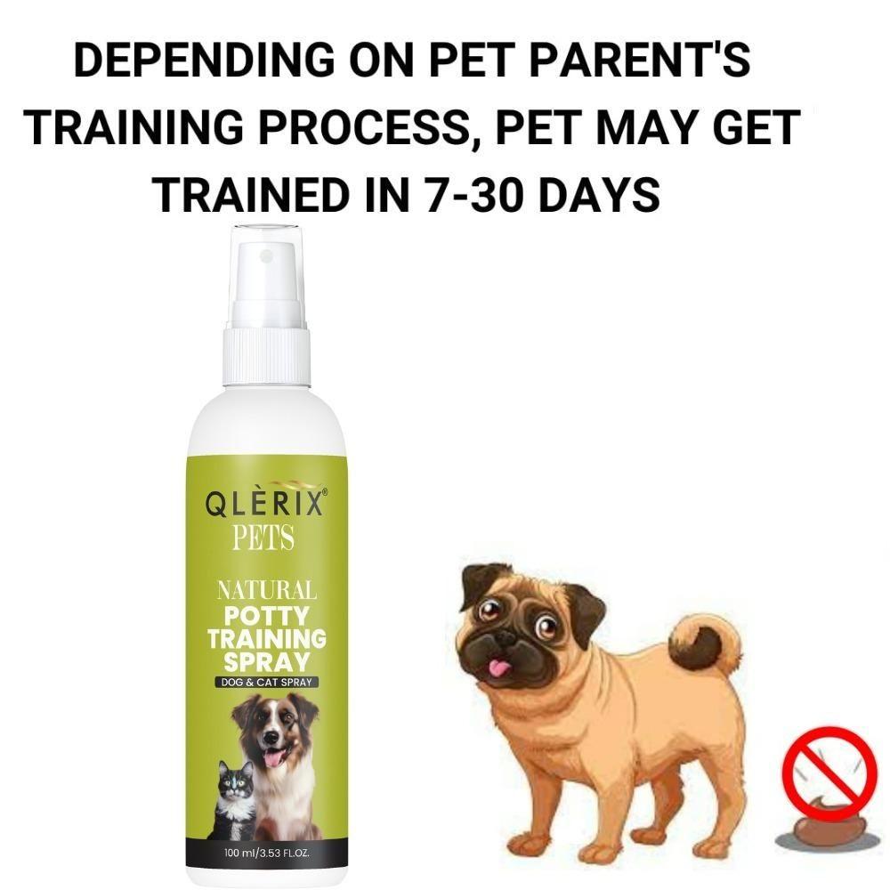 Natural potty training spray for dogs and cats, 100ml bottles, designed to encourage bathroom habits in pets.