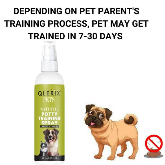 Natural potty training spray for dogs and cats, 100ml bottles, designed to encourage bathroom habits in pets.