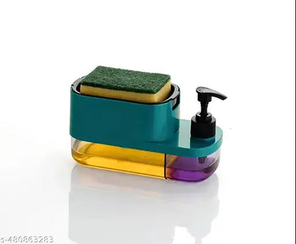 7233 3-in-1 kitchen soap dispenser with sponge holder and pump for dishwasher liquid, designed for easy kitchen cleaning.