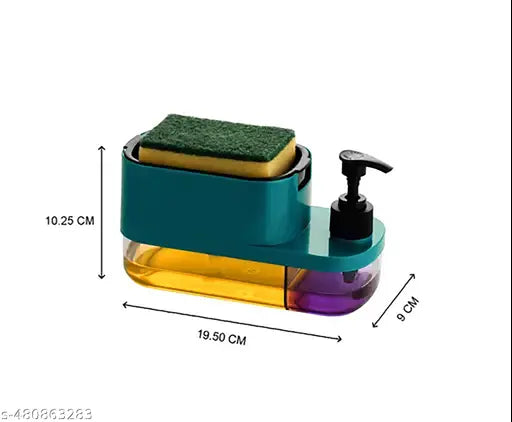 7233 3-in-1 kitchen soap dispenser with pump, sponge holder, and dishwasher liquid dispenser for cleaning.