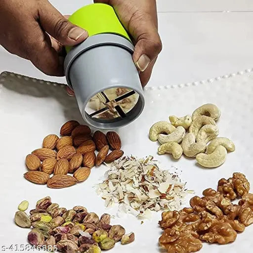 Multicolor plastic dry fruit cutter and slicer for almonds and nuts, kitchen gadget by 7233 for easy dry fruit chopping.