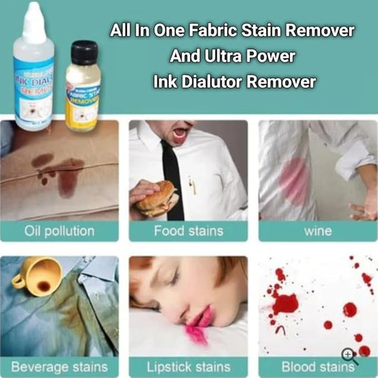 Two 50ml bottles of 19297 All In One Fabric Stain and Ink Remover, shown alongside cleaning cloths for stain removal.