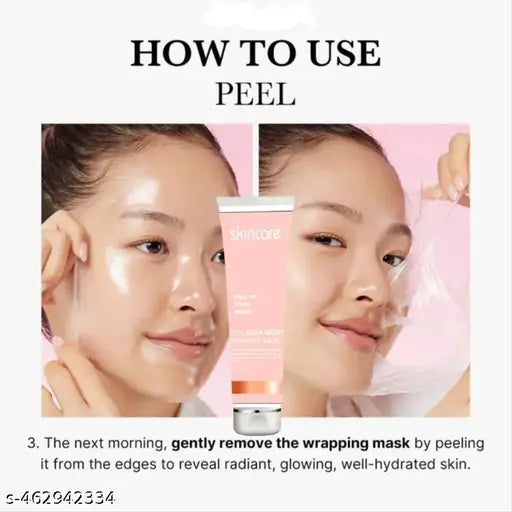 9242 Collagen Night Wrapping Peel Off Mask for stretch marks and scars, showing the peel-off mask on skin in a close-up view
