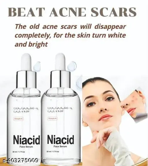 Niacid face serum for skin brightening and anti-aging, shown in a sleek bottle, part of 9242 stretch marks and scar creams collection.