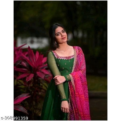Women’s solid georgette gown kurta with dupatta, elegant long ethnic dress set for women, stylish and suitable for all occasions.