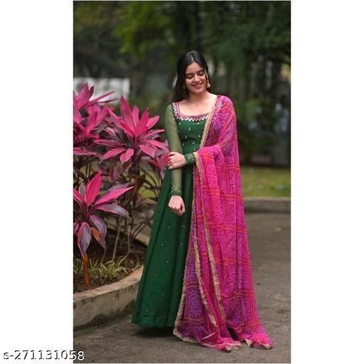 Women’s solid georgette gown kurta with dupatta, long ethnic dress set, elegant women's gown from brand 19198.