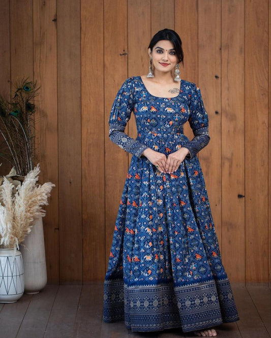 Elegant printed Georgette gown for women, suitable for parties, weddings, and festivals, by brand 19198.