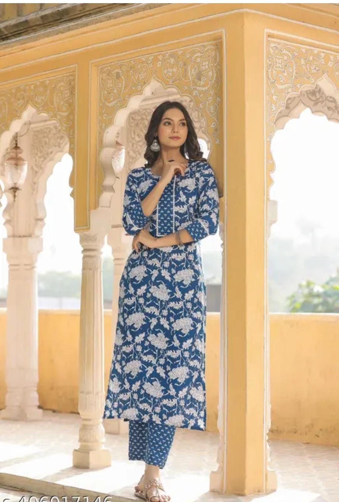 Women’s floral round neck kurta set with no dupatta by 19199, featuring vibrant floral print and comfortable fit.