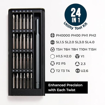 Magnetic 24-in-1 screwdriver set with 24 small precision screwdrivers for electronics repair, compact hand tool kit.
