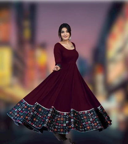 Women's rayon solid pattern full-sleeve stitched gown by 19199, featuring a comfortable and stylish full-length design.