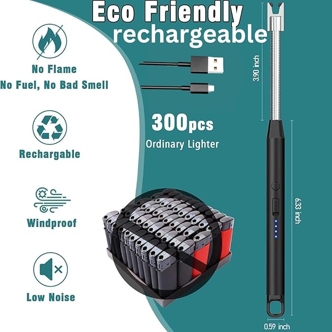 Rechargeable electric gas lighter from 18052, designed for candles and camping fires, featuring a sleek, portable design.