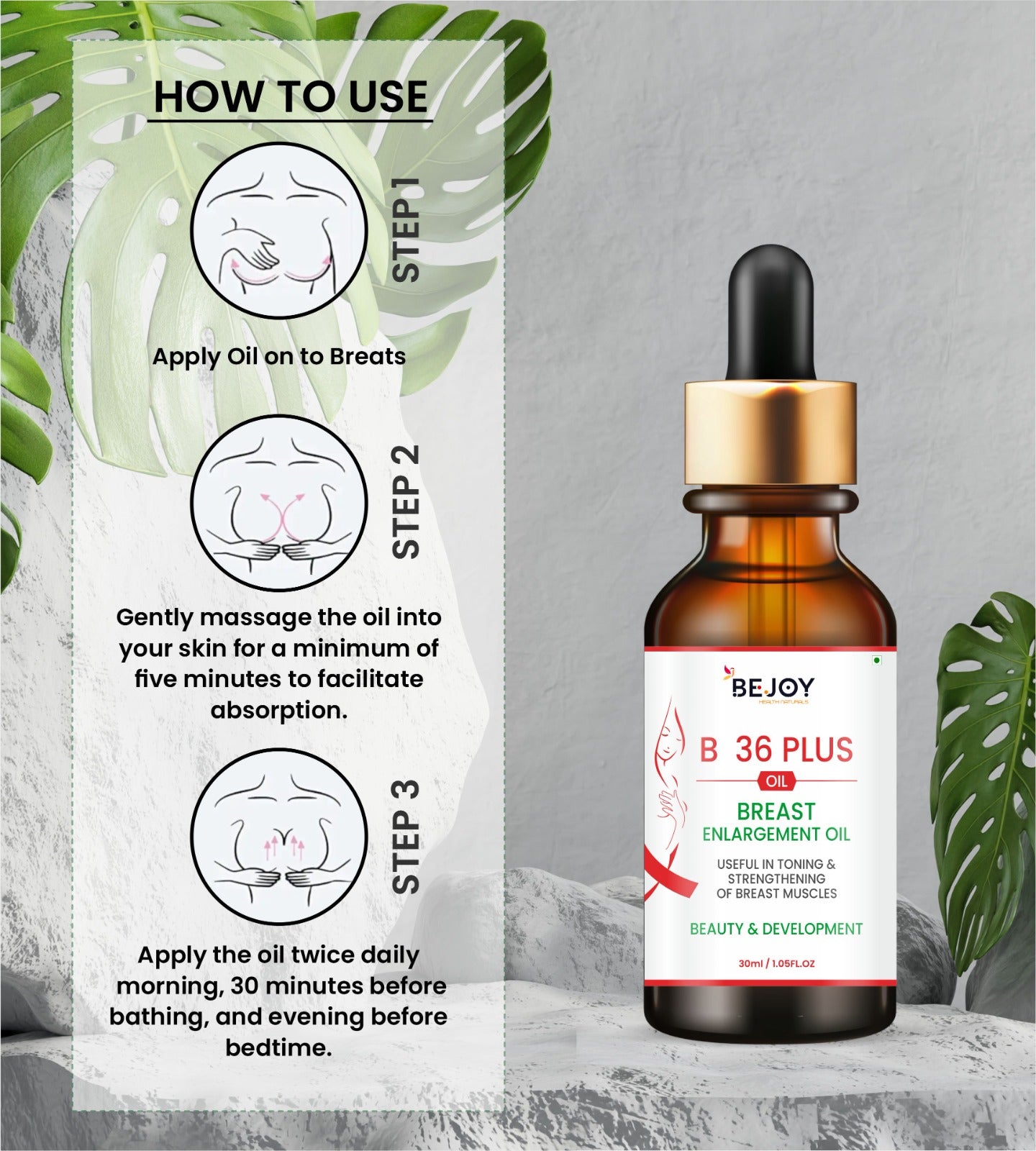 Bottle of 16182 B 36 Plus Breast Enlargement Oil, a breast oil product with natural ingredients, shown in the image.