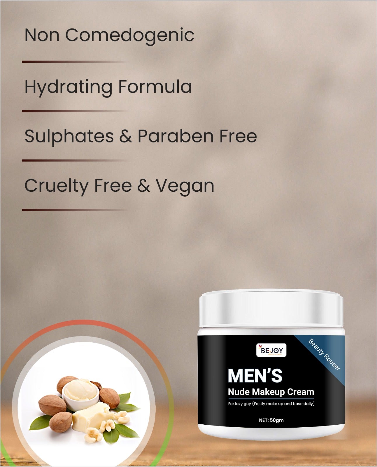Men's nude makeup cream in a small jar, part of 16182's collection of creams, gels, and sprays, with a smooth, creamy texture.