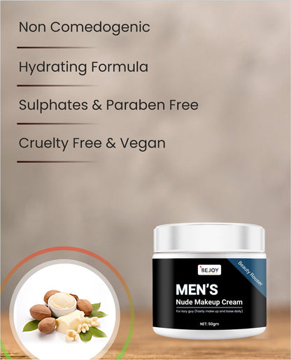 Men's nude makeup cream in a small jar, part of 16182's collection of creams, gels, and sprays, with a smooth, creamy texture.