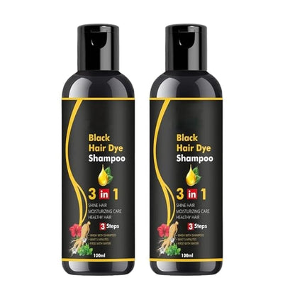 Herbal 3-in-1 black hair dye shampoo by 19332, featuring organic formula, 100ml pack, for instant black hair coverage.