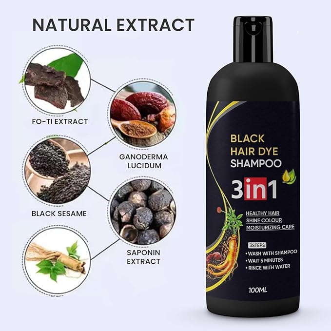 Herbal 3-in-1 black hair dye shampoo by 19332, organic formula for instant black hair coverage, 100ml pack of 2.