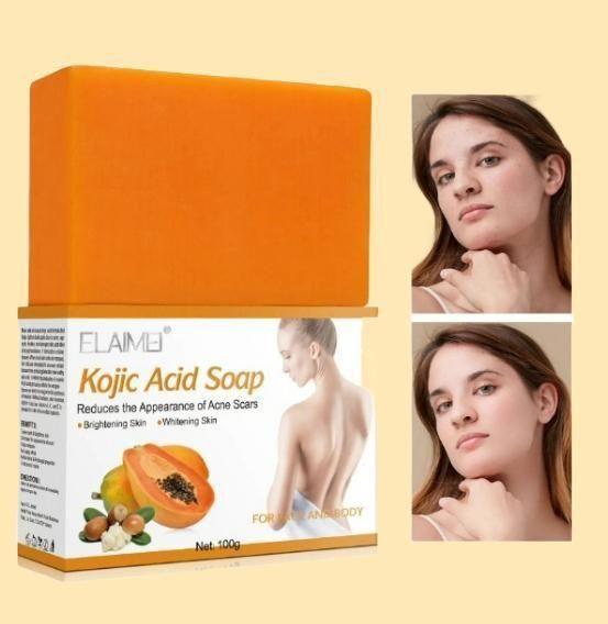 Set of three Kojic Acid soaps by 5912, natural bathing soap pack showing white bars with smooth texture and branding details.