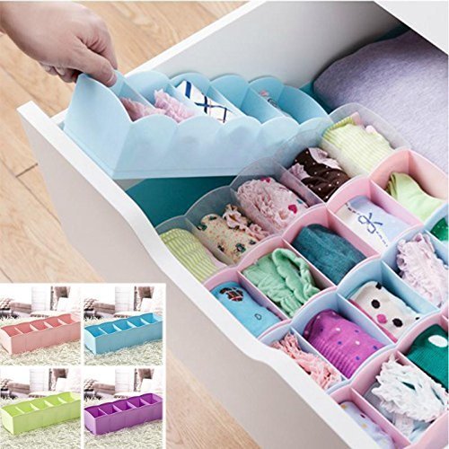 Set of four 19357 personal sock drawer organizers in various colors for storing socks and undergarments neatly.
