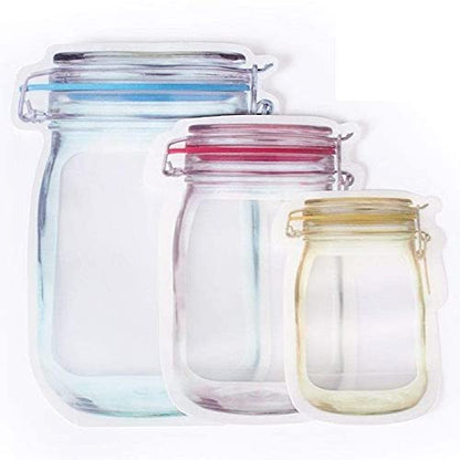 Set of three 19357 produce storage jar bottle bags with zipper, reusable, airtight, leakproof food saver bags for travel and picnic use.