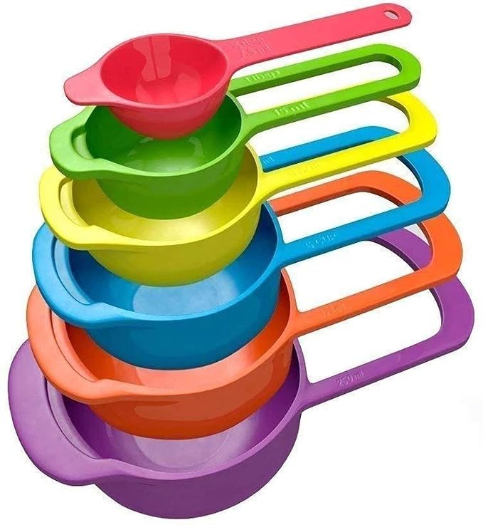 Set of 6 colorful plastic measuring cups and spoons for baking and cooking, part of the 19357 kitchen tool set.