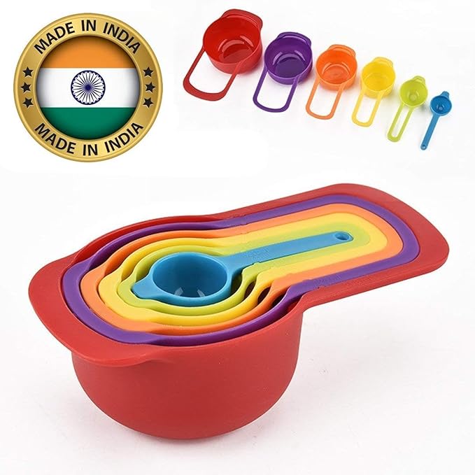 Colorful plastic baking measuring cups and spoons set from 19357, includes 6 rainbow-colored kitchen tools for cooking and baking.