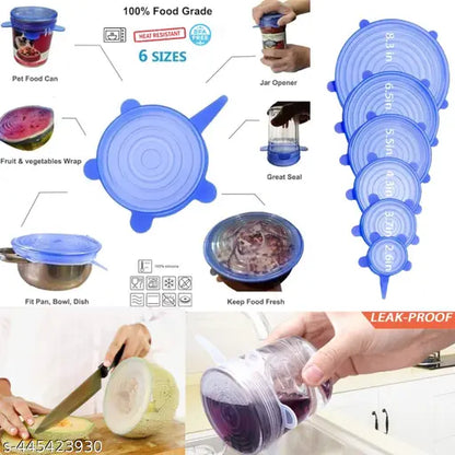 Set of six multicolor silicone stretch lids for bowls, reusable food covers, dishwasher and freezer safe, by 19357.