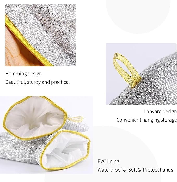 Steel cleaning gloves for dishwashing and scrubbing, durable hand gloves for tough kitchen cleaning tasks.