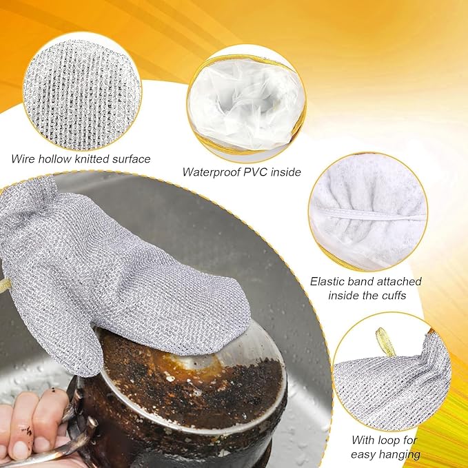 Steel cleaning gloves for dishwashing, featuring a scrubbing surface and durable hand protection for tough cleaning tasks.