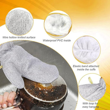 Steel cleaning gloves for dishwashing, featuring a scrubbing surface and durable hand protection for tough cleaning tasks.