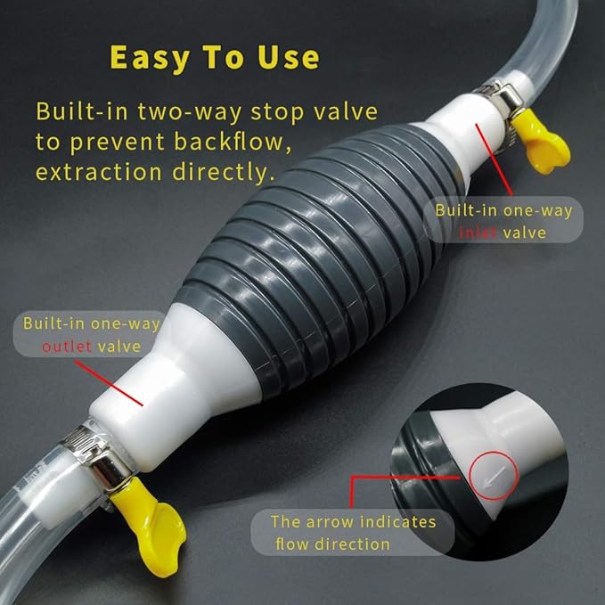 Portable manual fuel transfer pump with 2m siphon hose, used for petrol, diesel, and oil transfer in automotive and water tanks.