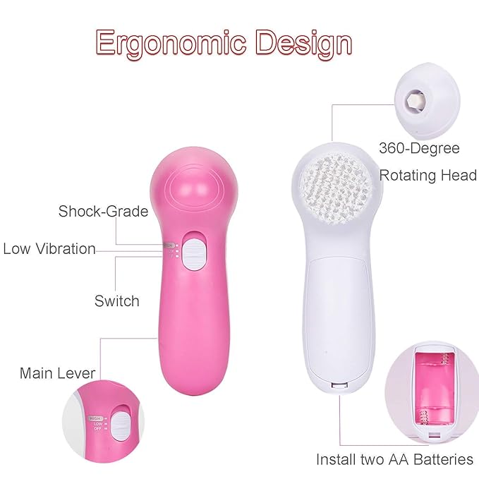 Portable electric facial cleansing brush with five spin heads for acne, blackheads, and dead skin removal.