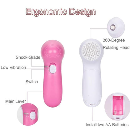 Portable electric facial cleansing brush with five spin heads for acne, blackheads, and dead skin removal.