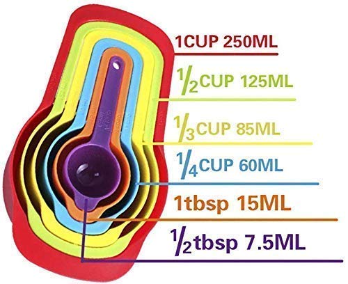 Colorful plastic measuring cups and spoons set for baking, includes 6-piece rainbow kitchen tool set with handles.